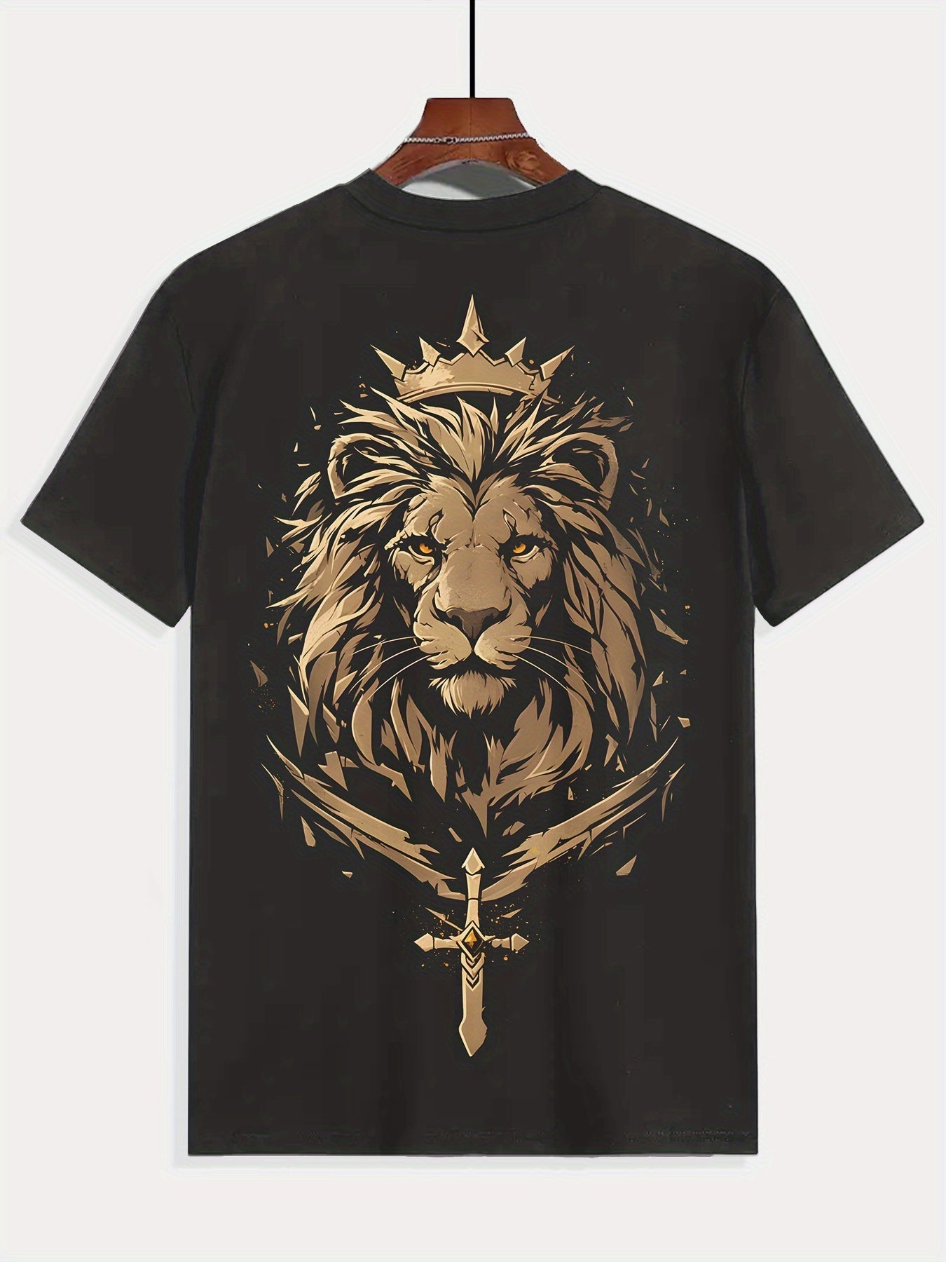 Golden Lion Crew Neck T-Shirt - Kingly Lion Crown Sword, Short Sleeve, Casual Maximus Echo