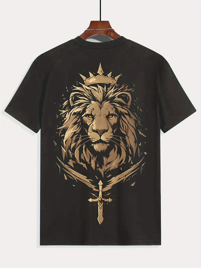 Golden Lion Crew Neck T-Shirt - Kingly Lion Crown Sword, Short Sleeve, Casual Maximus Echo