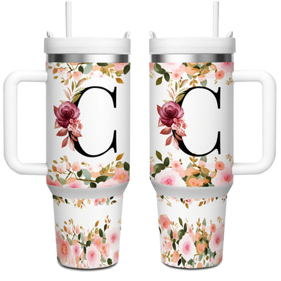 1pc 40oz "A-Z Floral Letters" Stainless Steel Travel Cup, Keeps Hot 12h Cold 24h. Coffee Cup - Maximus Echo