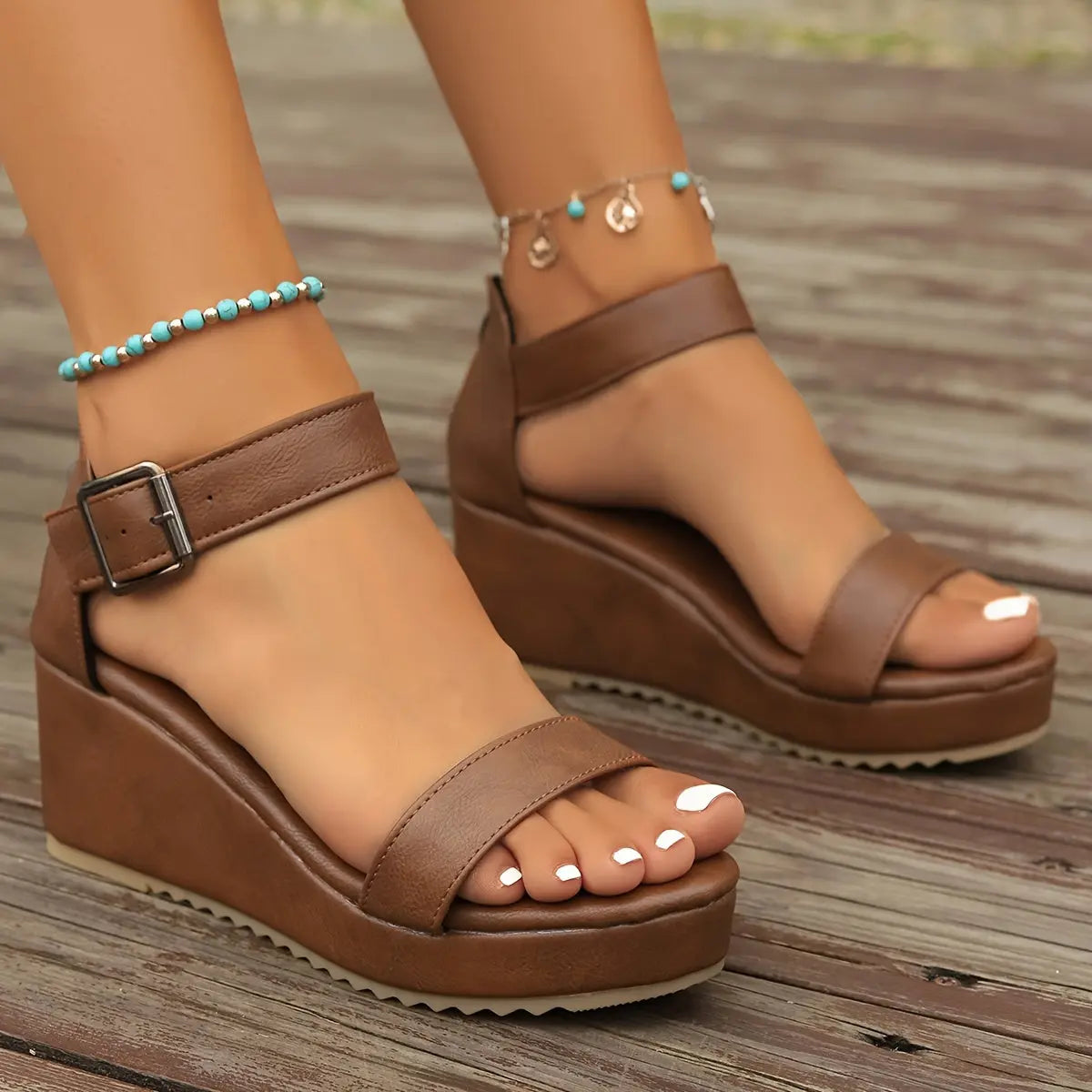 Women's Solid Color Minimalist Sandals, Back Zipper Casual Ankle Buckle Platform Shoes, Summer Wedge Beach Shoes - Maximus Echo