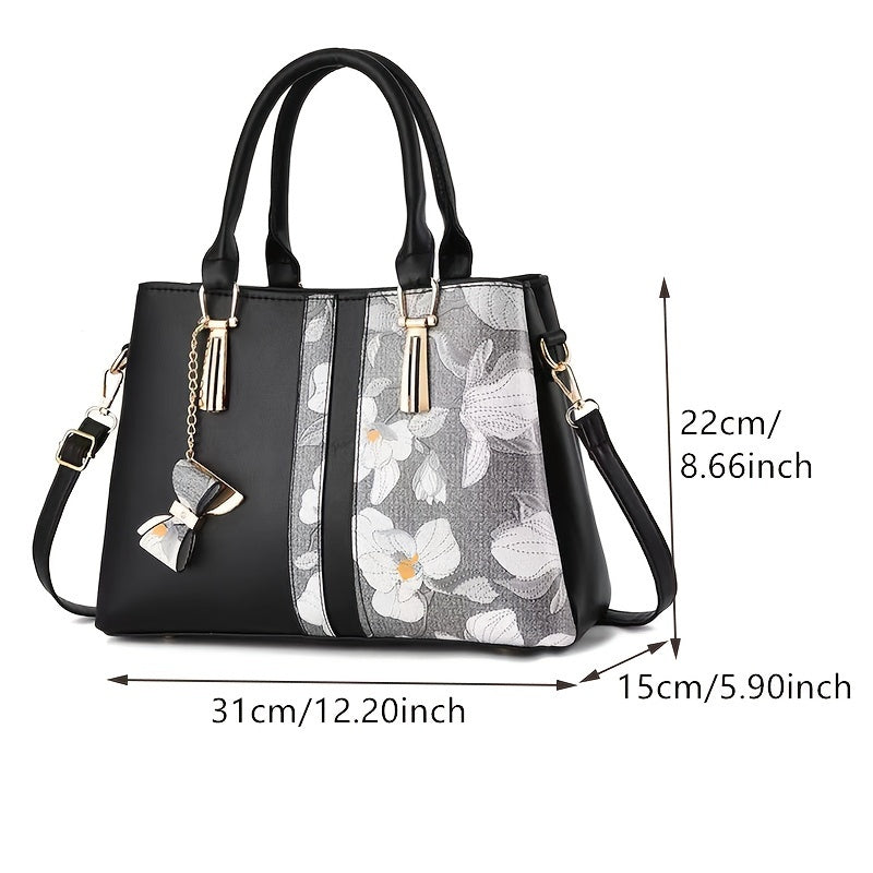 Elegant Floral Print Women's Handbag - Chic Colorblock Handbag with Zip Closure, Durable PU Material - Maximus Echo
