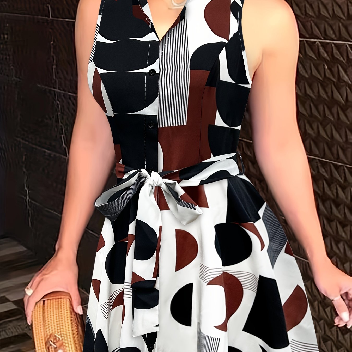 Sexy Pendulum Abstract Print Dress - Sleeveless, Lapel Collar, Tie-Waist, Belted, Semi-Sheer, Machine Washable, Perfect for Summer - Maximus Echo