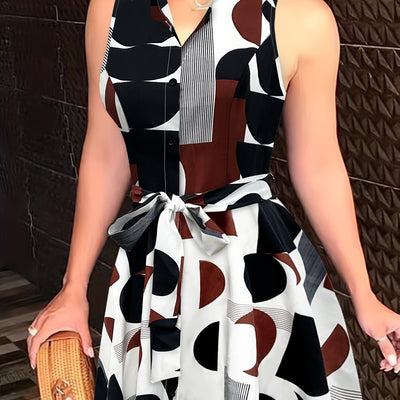 Sexy Pendulum Abstract Print Dress - Sleeveless, Lapel Collar, Tie-Waist, Belted, Semi-Sheer, Machine Washable, Perfect for Summer - Maximus Echo