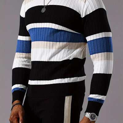 Men's Striped Color-Block Ribbed Knit Sweater - Long Sleeve Round Neck Pullover with Elastic