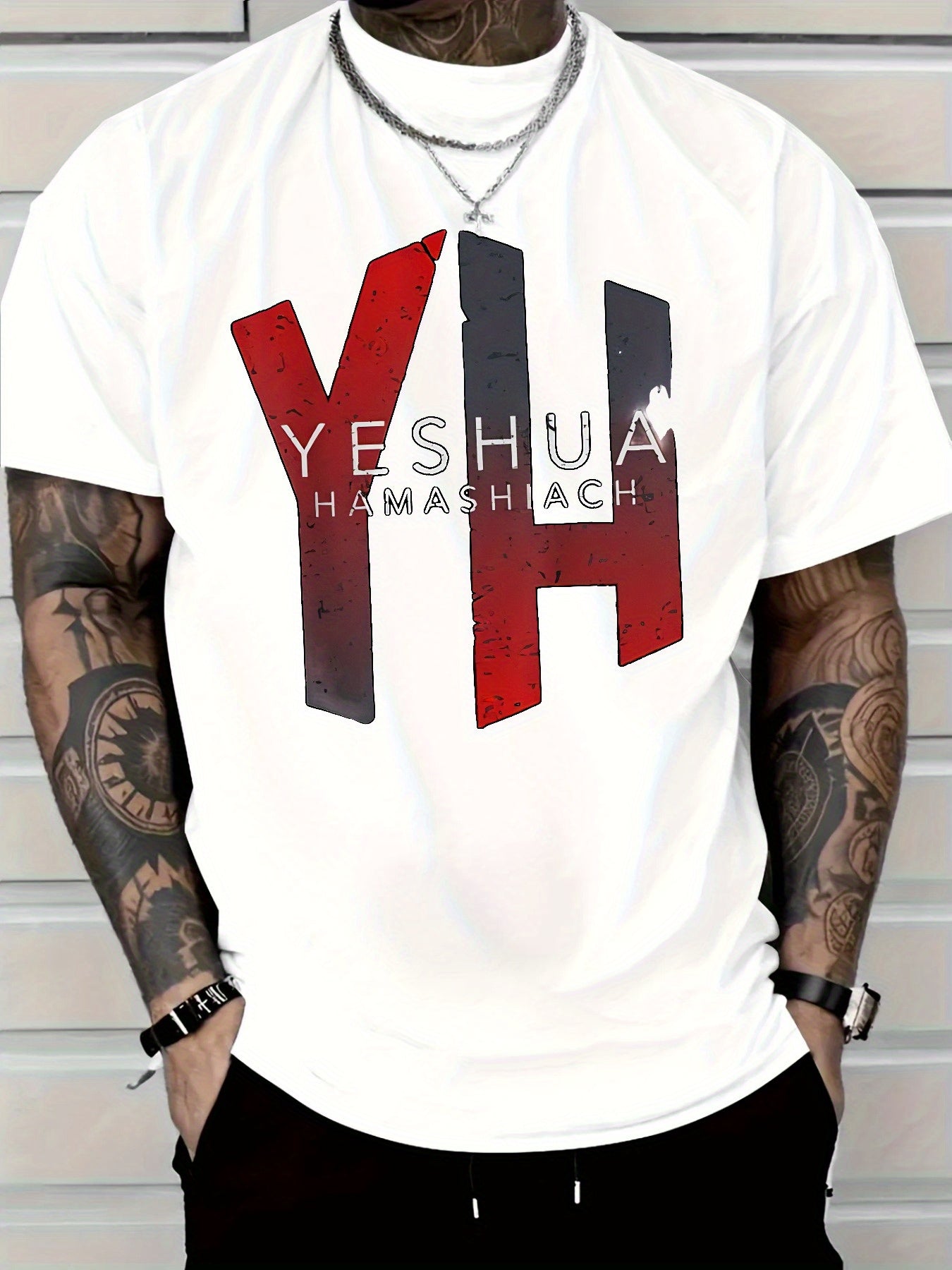 2025 Men's Casual Cotton T-Shirt with Yeshua Hamashiah Graphic Print -  Short Sleeve Round Neck, Fit for All-Season Comfort, Machine Washable - Maximus Echo