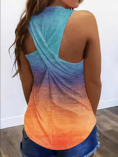 Elegant Gradient Print Sleeveless Tank Top for Women - Crew Neck with Twist Back Detail, Stretchy Polyester Blend - Maximus Echo