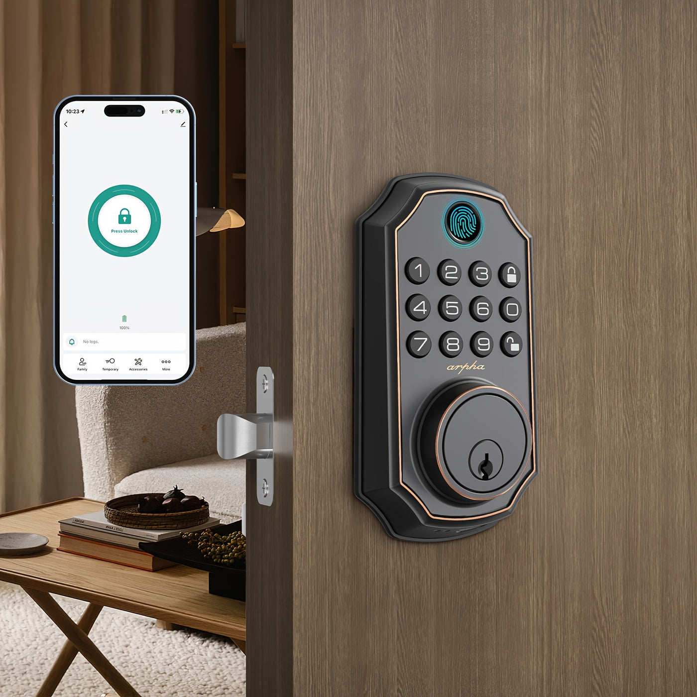Arpha Smart Keyless Entry Door Lock - 100 Code Anti-Peek Combination, Auto Lock/Unlock, Easy Installation, Black & Orange, Low Battery Alarm, for Secure Home Access - Maximus Echo