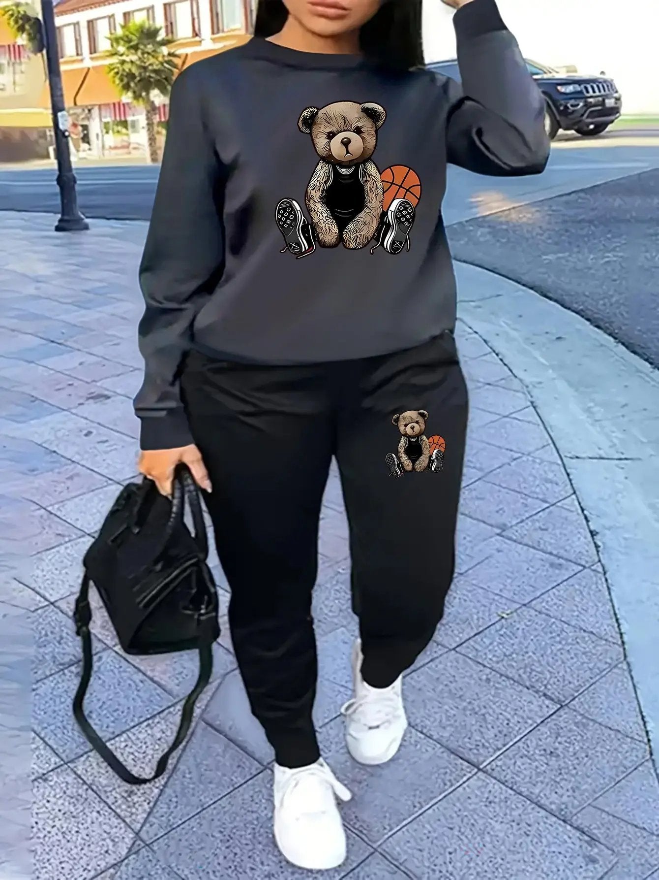 Women'S Casual Sports Fashion Bear Basketball Pattern Crew Neck Sweatshirt Set with Knit Fabric, 100% Polyester Material, Fall/Winter Season