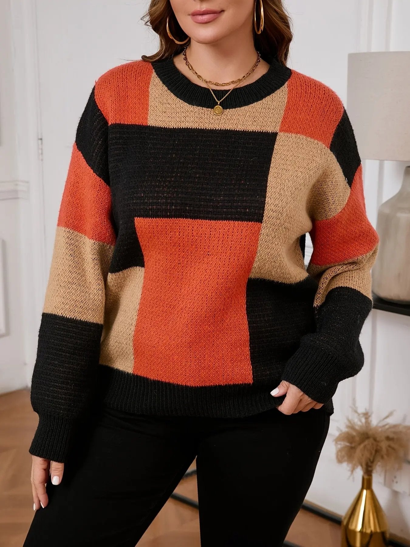 Plus Size Women's Geometric Color-Block Sweater - Casual Round Neck Pullover with Stretchy Fabric