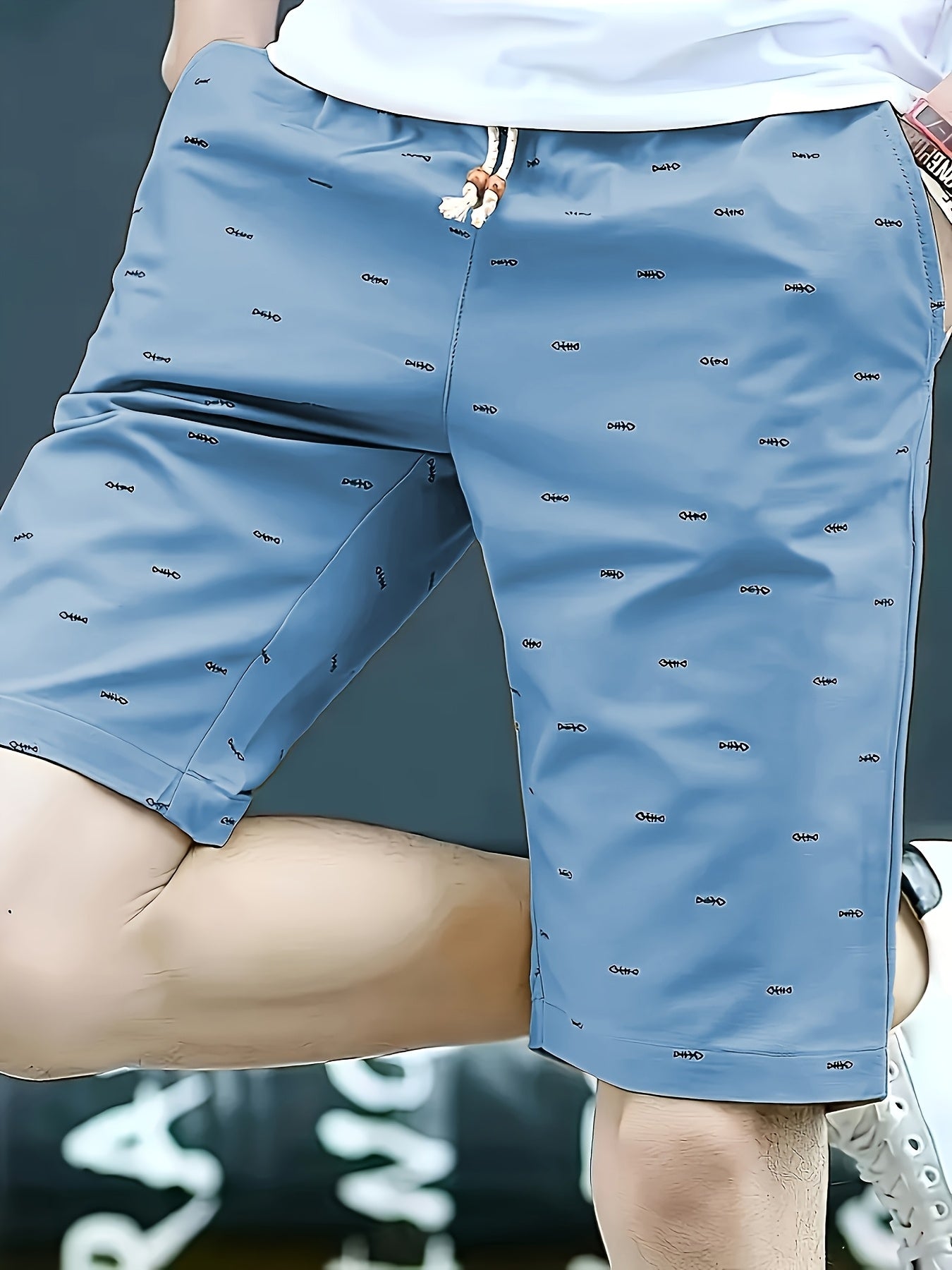 Men's Light Blue Casual Drawstring Shorts with Unique Full Print Design - 100% Polyester, Machine Washable, No-Stretch Fabric, Regular Fit for Summer Leisure - Maximus Echo