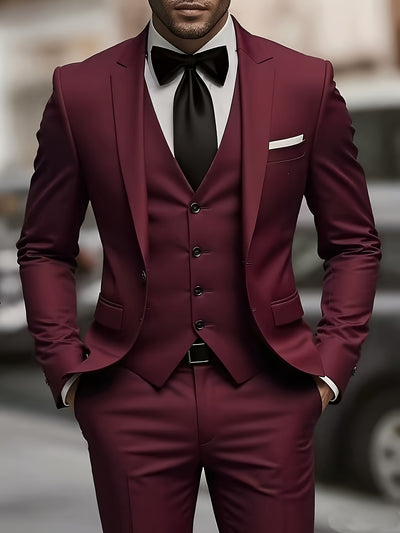 Men's 3pcs suit, plain color green fruit collar suit with jacket and formal trousers, suitable for business gatherings, graduation ceremonies, weddings and parties - Maximus Echo