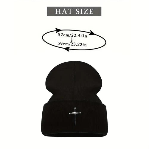 Unisex White & Blue/ Grey Knit Beanie Hats with Cross- Winter