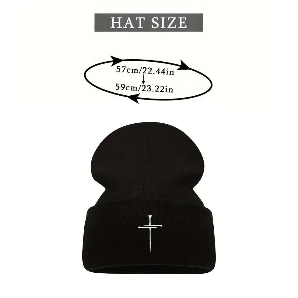 Unisex White & Blue/ Grey Knit Beanie Hats with Cross- Winter