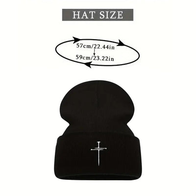 Unisex White & Blue/ Grey Knit Beanie Hats with Cross- Winter