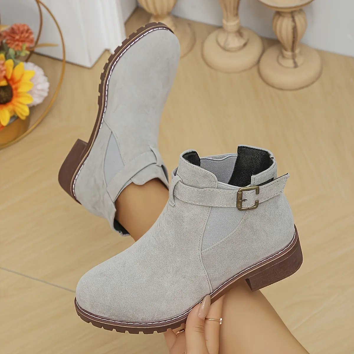 Women's Slip-On Low Heel Ankle Boots - Sporty Chic Round Toe with Decorative Buckle