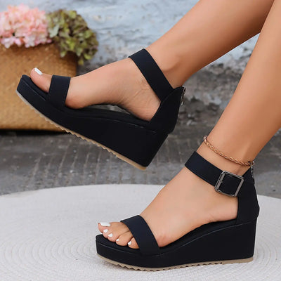 Women's Solid Color Minimalist Sandals, Back Zipper Casual Ankle Buckle Platform Shoes, Summer Wedge Beach Shoes - Maximus Echo