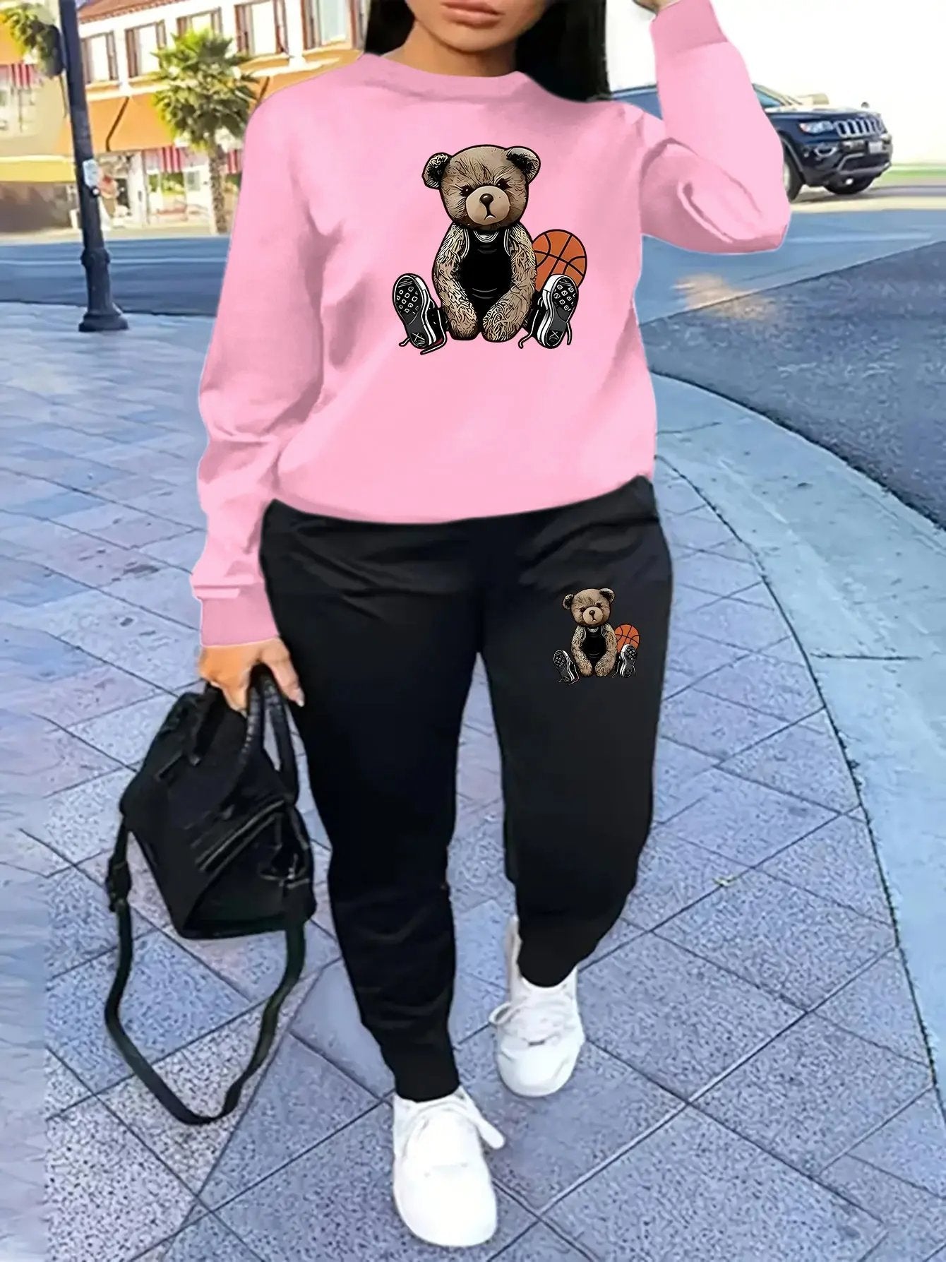 Women'S Casual Sports Fashion Bear Basketball Pattern Crew Neck Sweatshirt Set with Knit Fabric, 100% Polyester Material, Fall/Winter Season