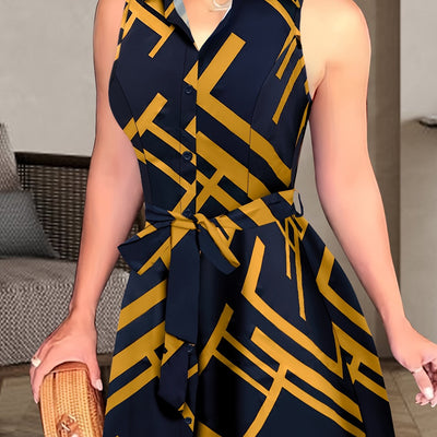 Sexy Pendulum Abstract Print Dress - Sleeveless, Lapel Collar, Tie-Waist, Belted, Semi-Sheer, Machine Washable, Perfect for Summer - Maximus Echo