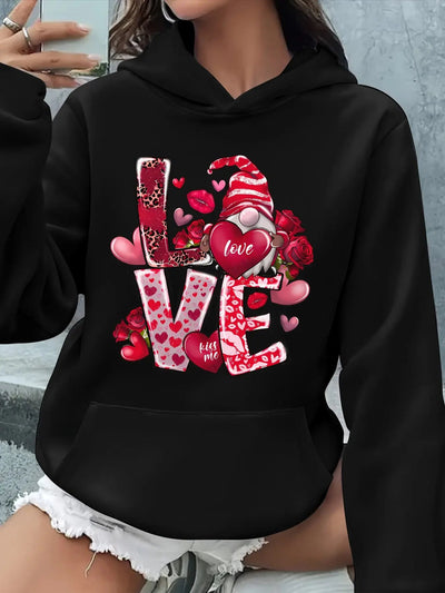 Women's Red Rose & Heart Print Hoodie with LOVE Lettering & Pink Bow Maximus Echo
