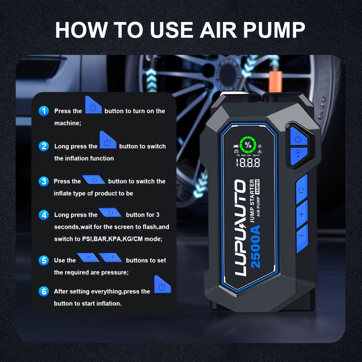 50000mAh Portable Wireless Car Air Compressor, Battery Jump Starter Portable Peak, Car Battery Charger Portable For 150PSI 12V(7.0LGas/5.0LDiesel) Start The Car Quickly - Maximus Echo