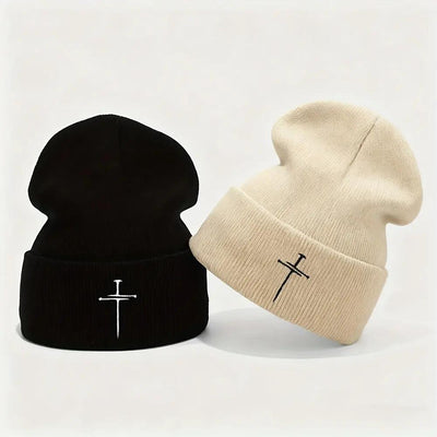 Unisex White & Blue/ Grey Knit Beanie Hats with Cross- Winter