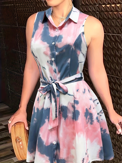 Sexy Pendulum Abstract Print Dress - Sleeveless, Lapel Collar, Tie-Waist, Belted, Semi-Sheer, Machine Washable, Perfect for Summer - Maximus Echo