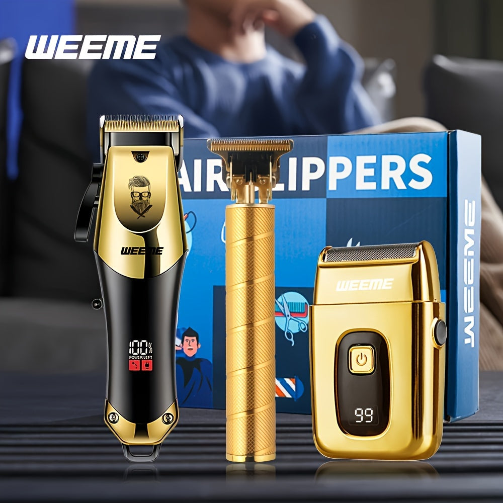 3pcs/se 1pc/sett Men's Professional Golden Hair Clipper & Trimmer Set - USB Rechargeable Hair Cutting Including Electric Shaver,3 Cleaning Brushes Maximus Echo