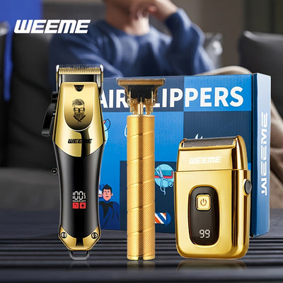 3pcs/se 1pc/sett Men's Professional Golden Hair Clipper & Trimmer Set - USB Rechargeable Hair Cutting Including Electric Shaver,3 Cleaning Brushes Maximus Echo