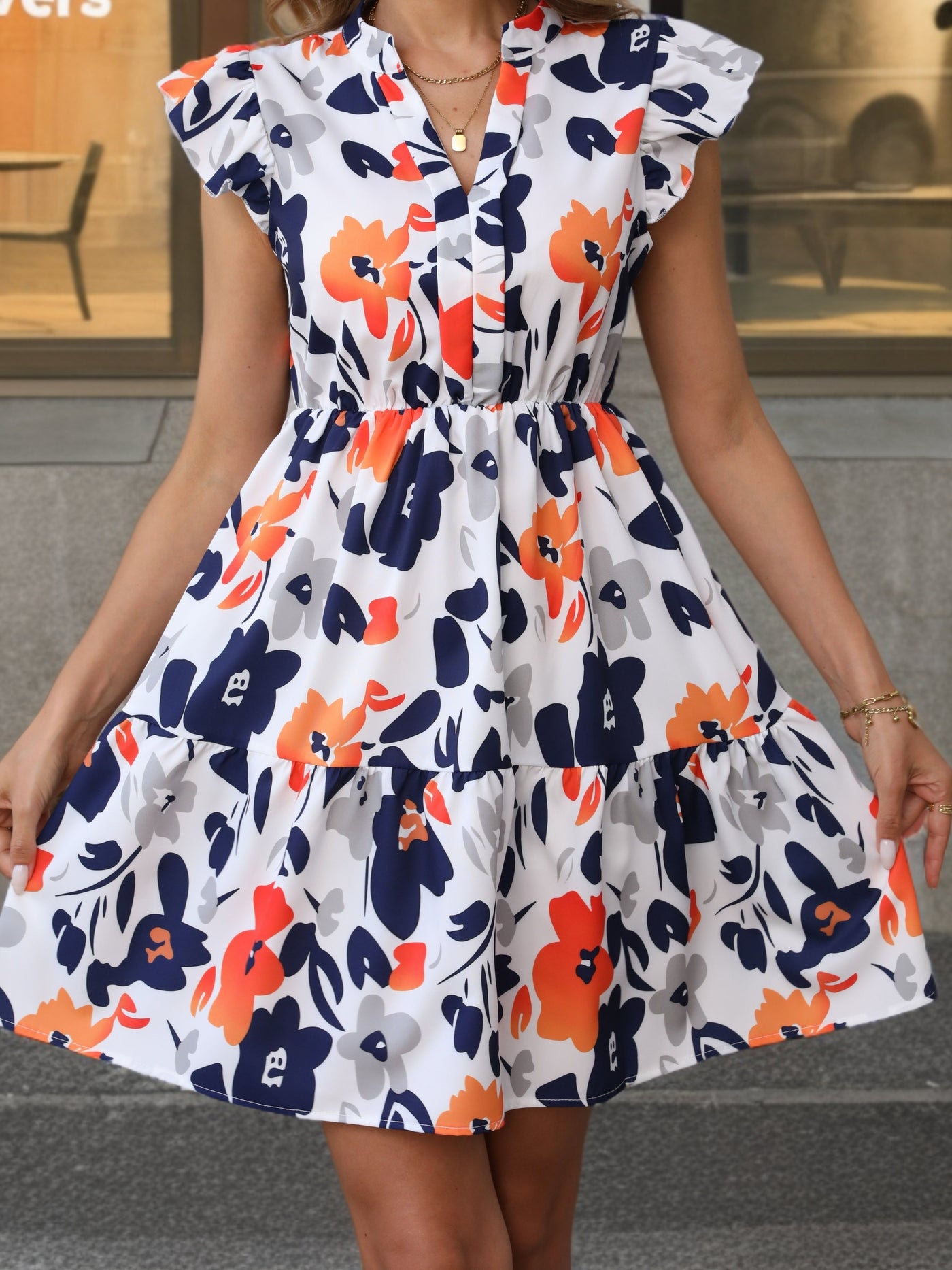 100% Polyester Floral Print Mini Dress - Vacation Style with Flutter Sleeves for Women's Summer - Maximus Echo