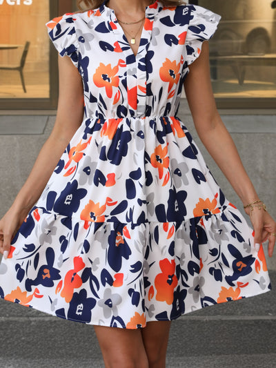 100% Polyester Floral Print Mini Dress - Vacation Style with Flutter Sleeves for Women's Summer - Maximus Echo