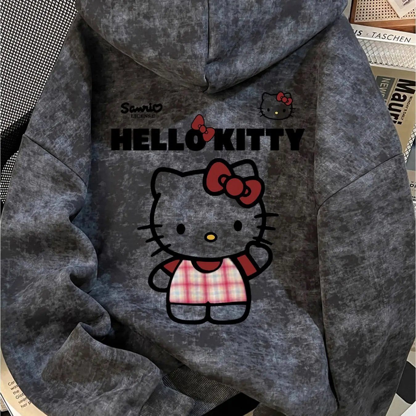 Sanrio Hello Kitty 's Oversized Hooded Sweatshirt -Pink Plaid Maximus Echo