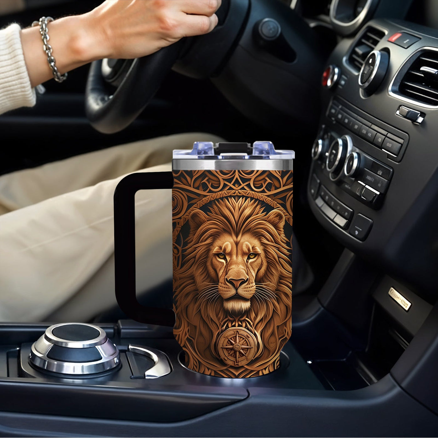 1-Pack Men's Lion Design Insulated Bottle Cup - Brown Lion Head, Leakproof Coffee Cup , Heavy-Duty 304 Stainless Steel Travel Mug (40oz) Maximus Echo