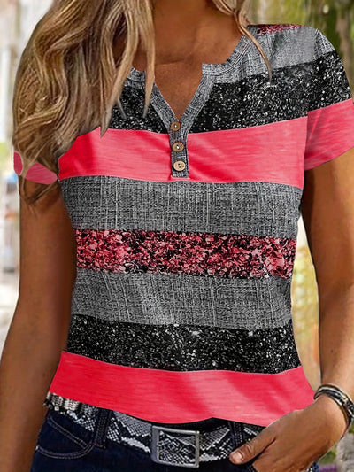 Stylish Summer Women's Striped V-Neck T-Shirt with Button Detail - Lightweight Polyester Blend, Machine Washable - Maximus Echo