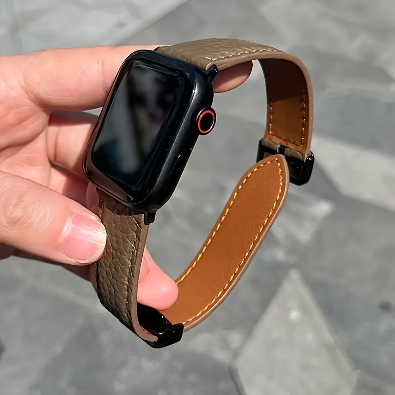 Band for Apple Watch with Magnetic Folding , Waterproof, Iron Clasp - Compatible with Apple Watch ultra SE/ Beige with Dark Brown - Maximus Echo