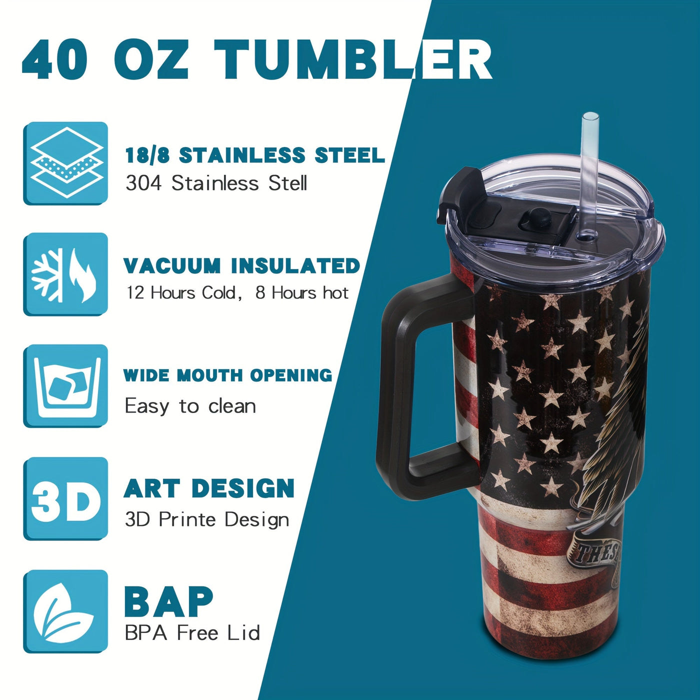 Gome American Flag & Eagle 40 oz Tumbler with Handle - Stainless Steel Cup with Straw Maximus Echo