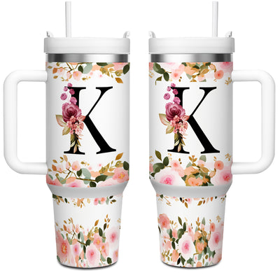 1pc 40oz "A-Z Floral Letters" Stainless Steel Travel Cup, Keeps Hot 12h Cold 24h. Coffee Cup - Maximus Echo
