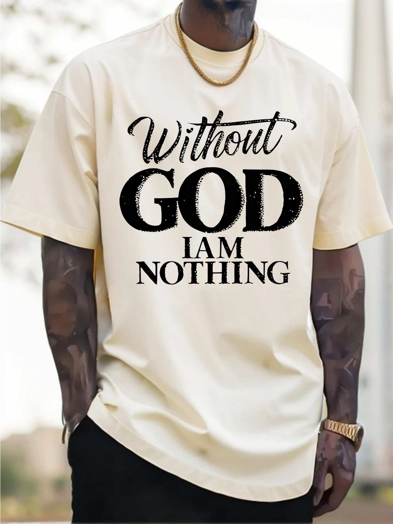 Men's 180g Heavyweight Cotton T-Shirt with "Without GOD I AM NOTHING" Inspirational Print - Navy Blue Casual Round Neck Short Sleeve Tee, Machine Washable - Maximus Echo