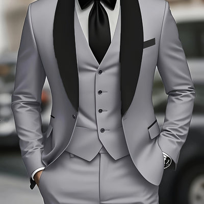 Men's 3pcs suit, plain color green fruit collar suit with jacket and formal trousers, suitable for business gatherings, graduation ceremonies, weddings and parties - Maximus Echo