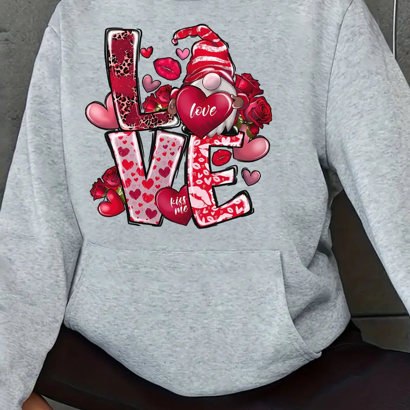 Women's Red Rose & Heart Print Hoodie with LOVE Lettering & Pink Bow Maximus Echo