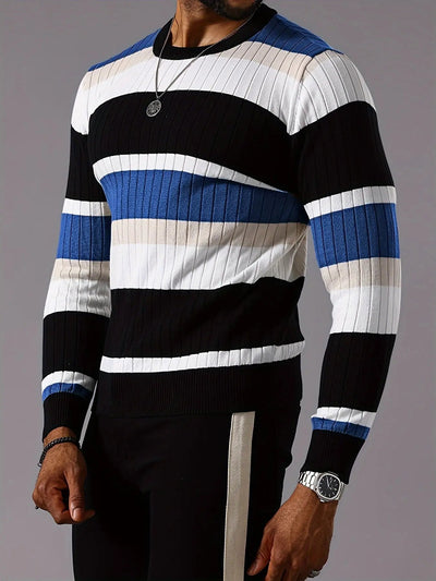 Men's Striped Color-Block Ribbed Knit Sweater - Long Sleeve Round Neck Pullover with Elastic