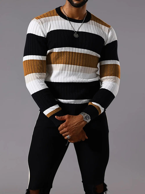 Men's Striped Color-Block Ribbed Knit Sweater - Long Sleeve Round Neck Pullover with Elastic