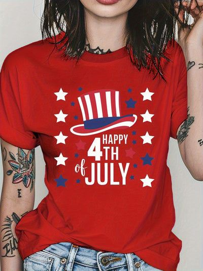 4th of July Patriotic Women's T-Shirt - Happy 4th of July Stars & Stripes Design, Soft 100% Cotton Regular Fit Short Sleeve Round Neck Casual - Maximus Echo