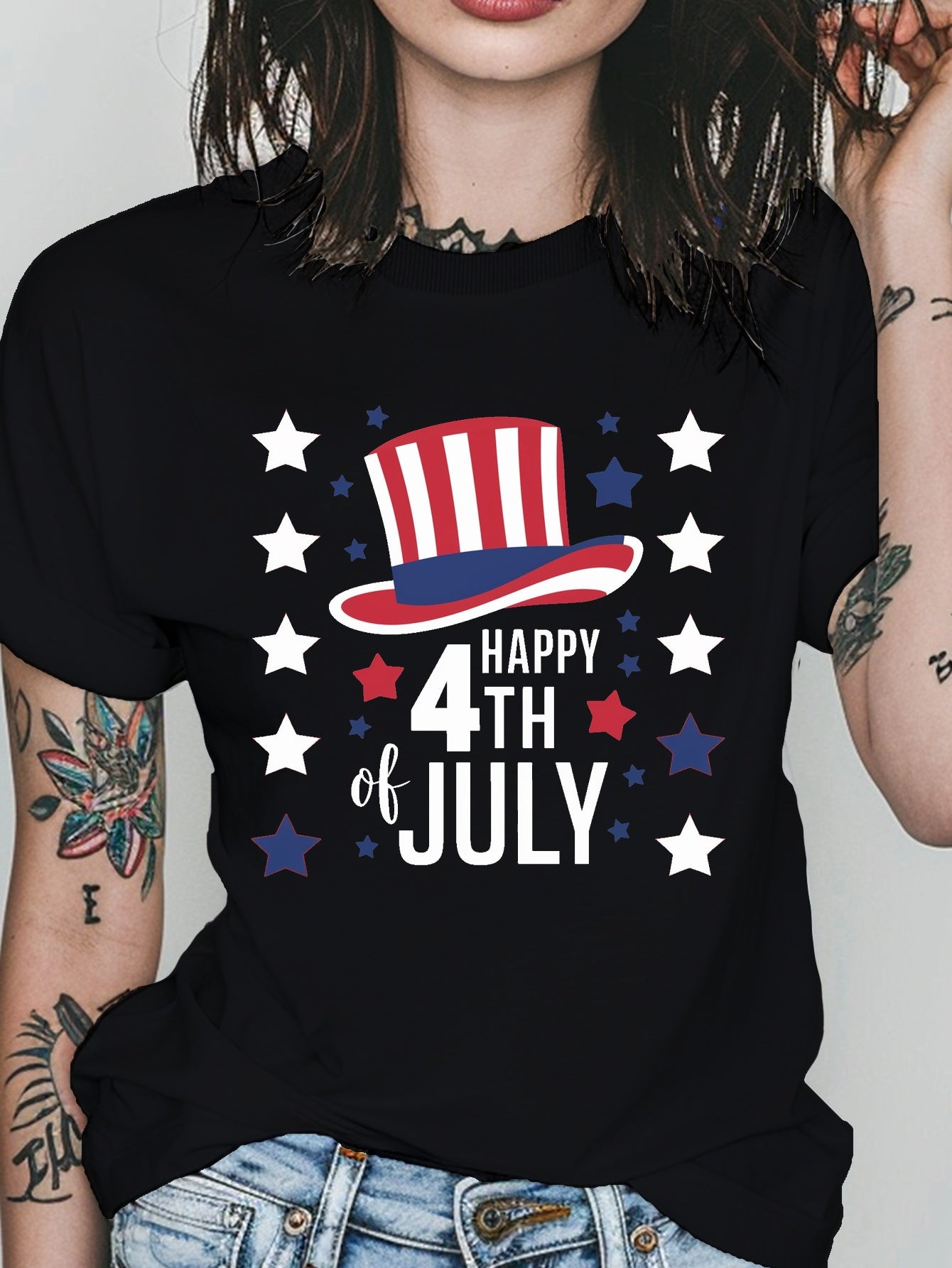 4th of July Patriotic Women's T-Shirt - Happy 4th of July Stars & Stripes Design, Soft 100% Cotton Regular Fit Short Sleeve Round Neck Casual - Maximus Echo