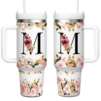 1pc 40oz "A-Z Floral Letters" Stainless Steel Travel Cup, Keeps Hot 12h Cold 24h. Coffee Cup - Maximus Echo