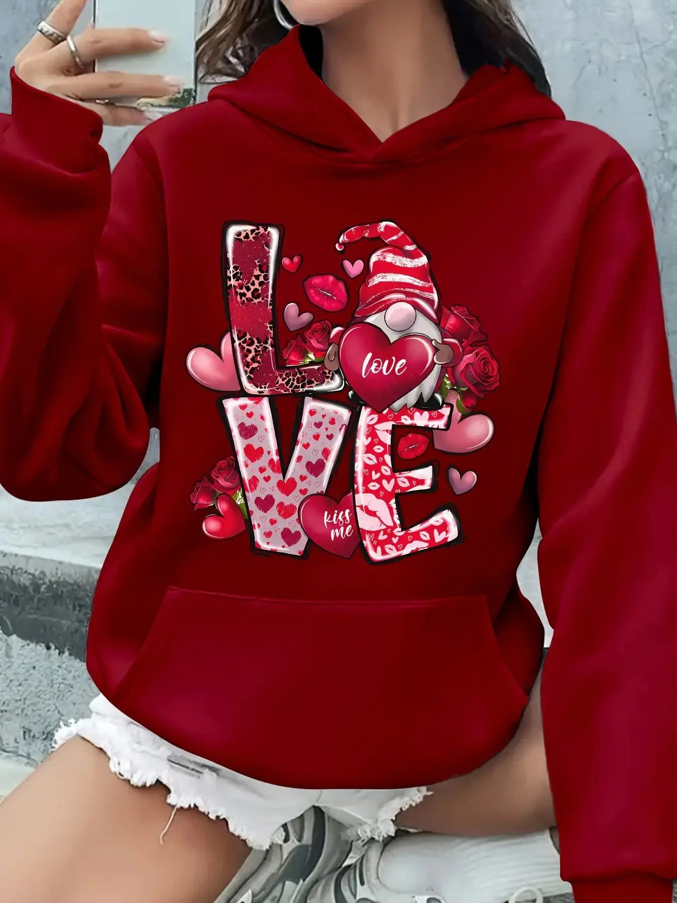Women's Red Rose & Heart Print Hoodie with LOVE Lettering & Pink Bow Maximus Echo