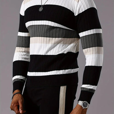 Men's Striped Color-Block Ribbed Knit Sweater - Long Sleeve Round Neck Pullover with Elastic