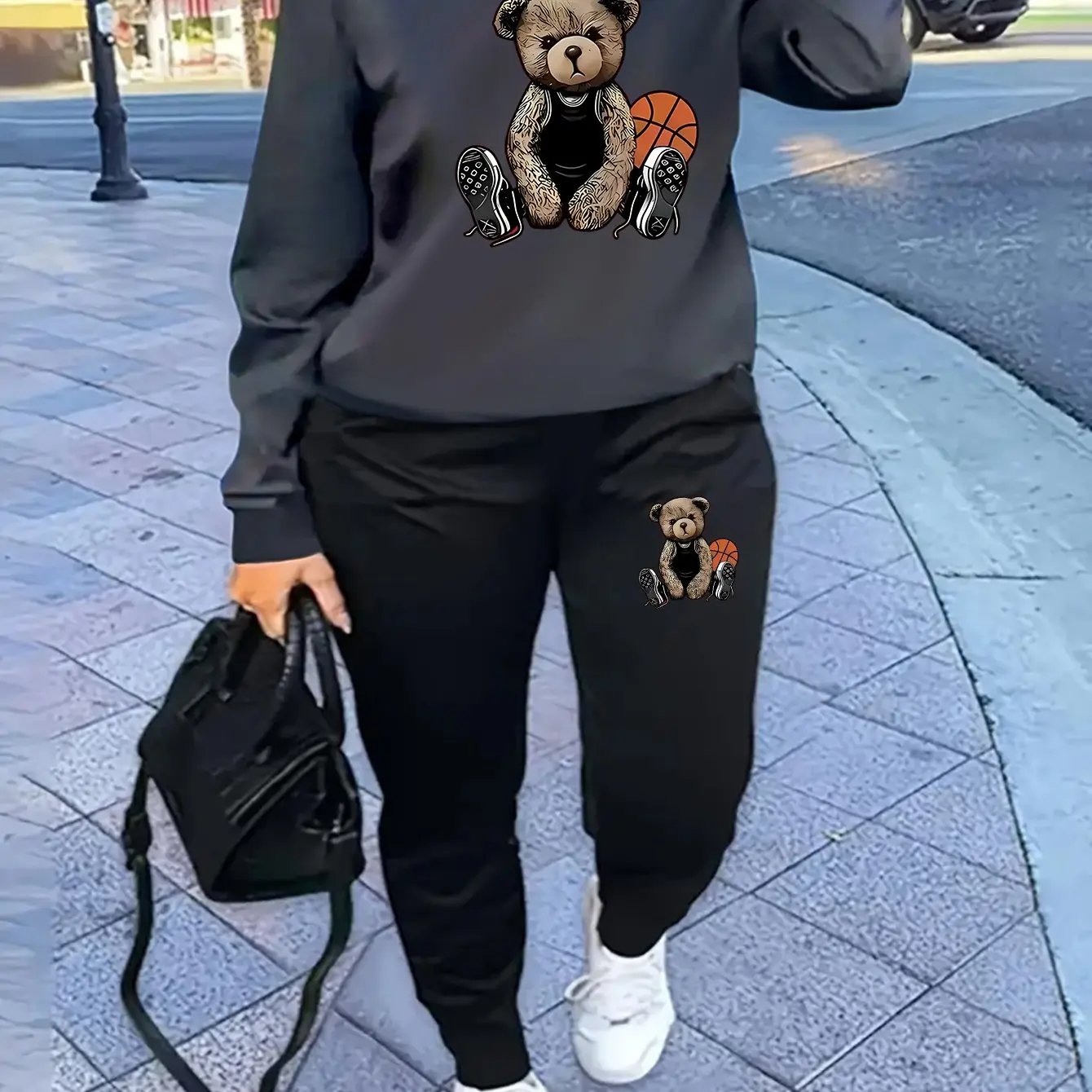 Women'S Casual Sports Fashion Bear Basketball Pattern Crew Neck Sweatshirt Set with Knit Fabric, 100% Polyester Material, Fall/Winter Season