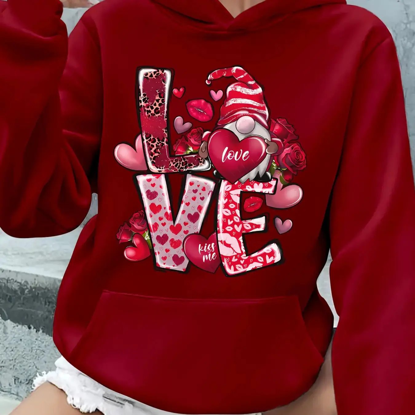 Women's Red Rose & Heart Print Hoodie with LOVE Lettering & Pink Bow Maximus Echo