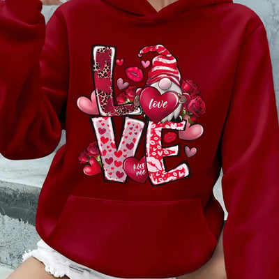 Women's Red Rose & Heart Print Hoodie with LOVE Lettering & Pink Bow Maximus Echo