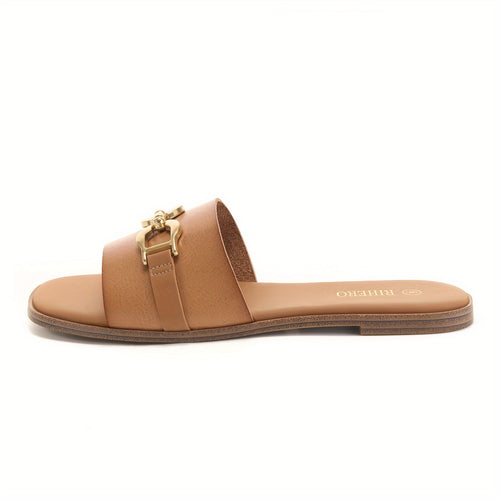 Women's Summer Flat Sandals - Comfortable Sandals with Golden Chain Detail, Travel, Casual Outings, Elegant Footwear - Maximus Echo